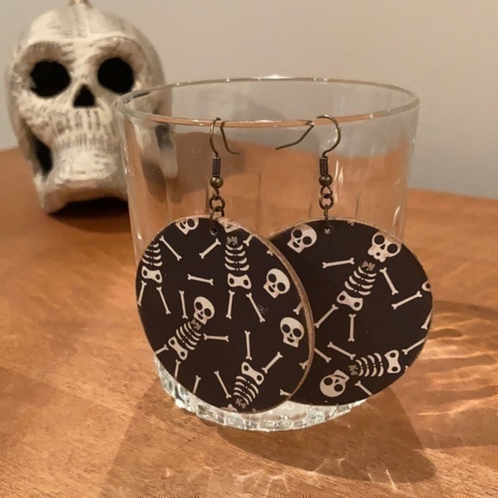 Handcrafted wooden skeleton dangle earrings